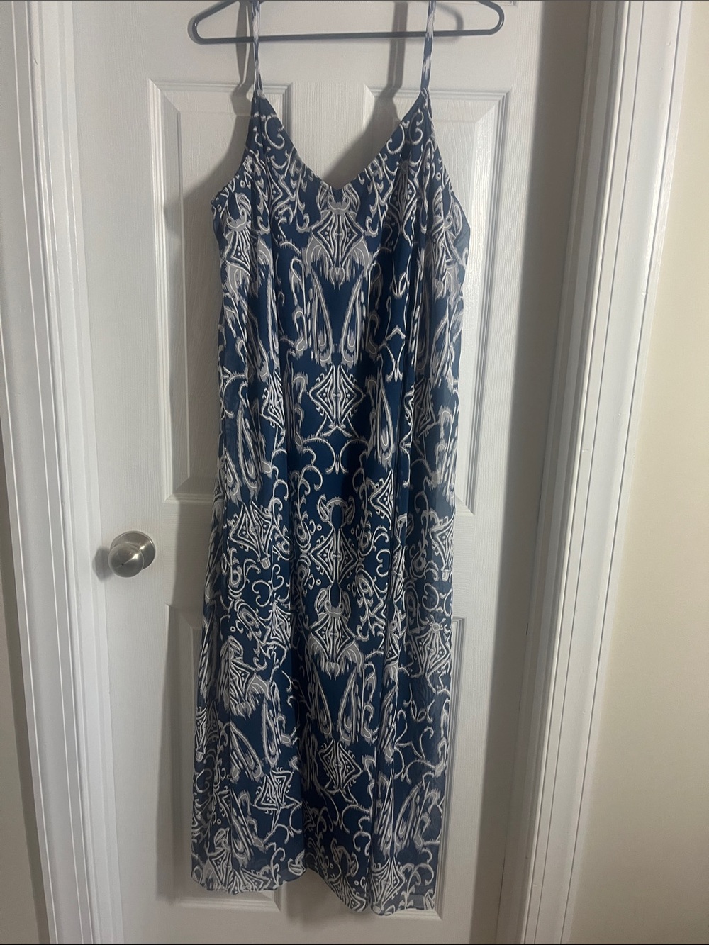 MSK Navy and White Printed Spaghetti-Strap Maxi Dress